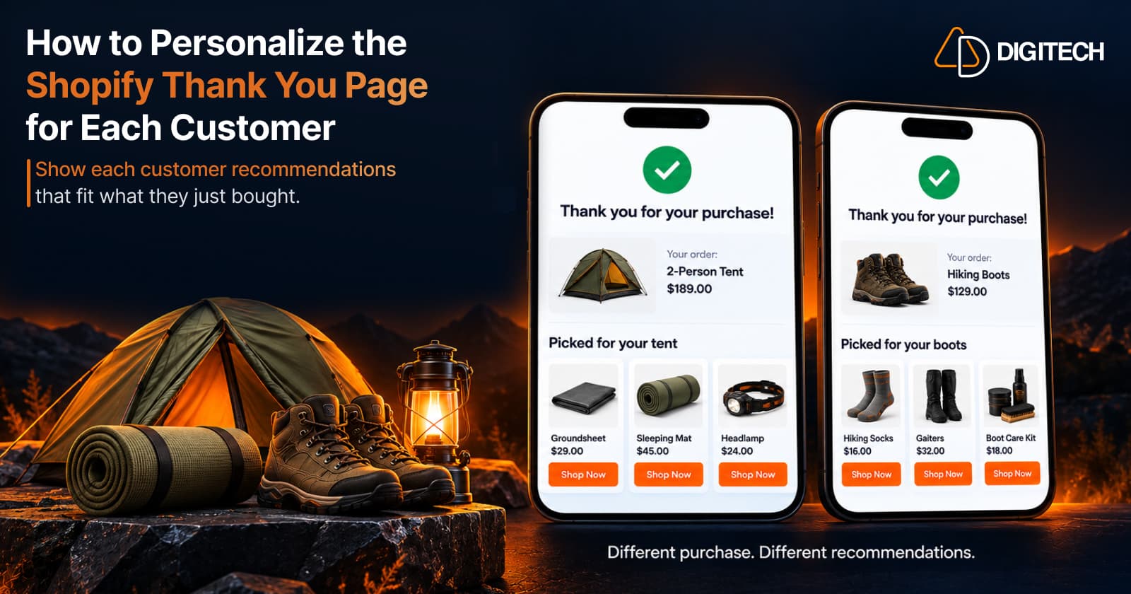 Grovia Shopify Thank You Page personalization: two phones showing different purchases, a tent and a pair of hiking boots, each followed by its own recommended products