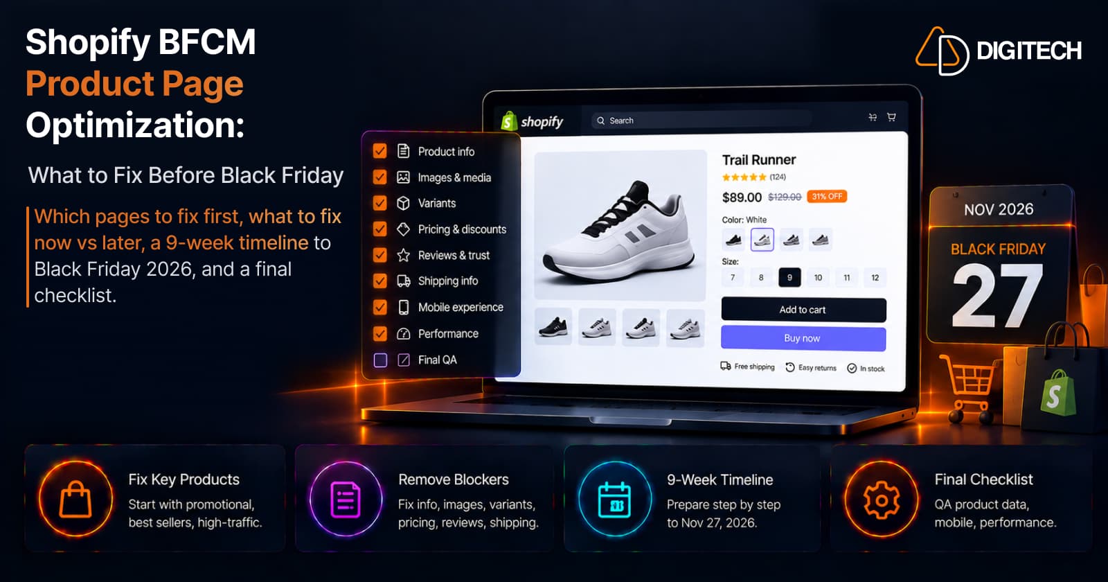 Infographic titled 'Shopify BFCM Product Page Optimization: What to Fix Before Black Friday' — a checklist panel (Product info, Images & media, Variants, Pricing & discounts, Reviews & trust, Shipping info, Mobile experience, Performance, with Final QA still unchecked) beside a Shopify product page mockup for a 'Trail Runner' shoe at $89.00 with a crossed-out $129.00 compare-at price and a '31% OFF' badge, White selected, sizes 7 to 12, Add to cart and Buy now buttons, and Free shipping, Easy returns and In stock badges; a Black Friday November 27, 2026 calendar; and four cards: Fix Key Products, Remove Blockers, 9-Week Timeline to Nov 27, 2026, and Final Checklist.
