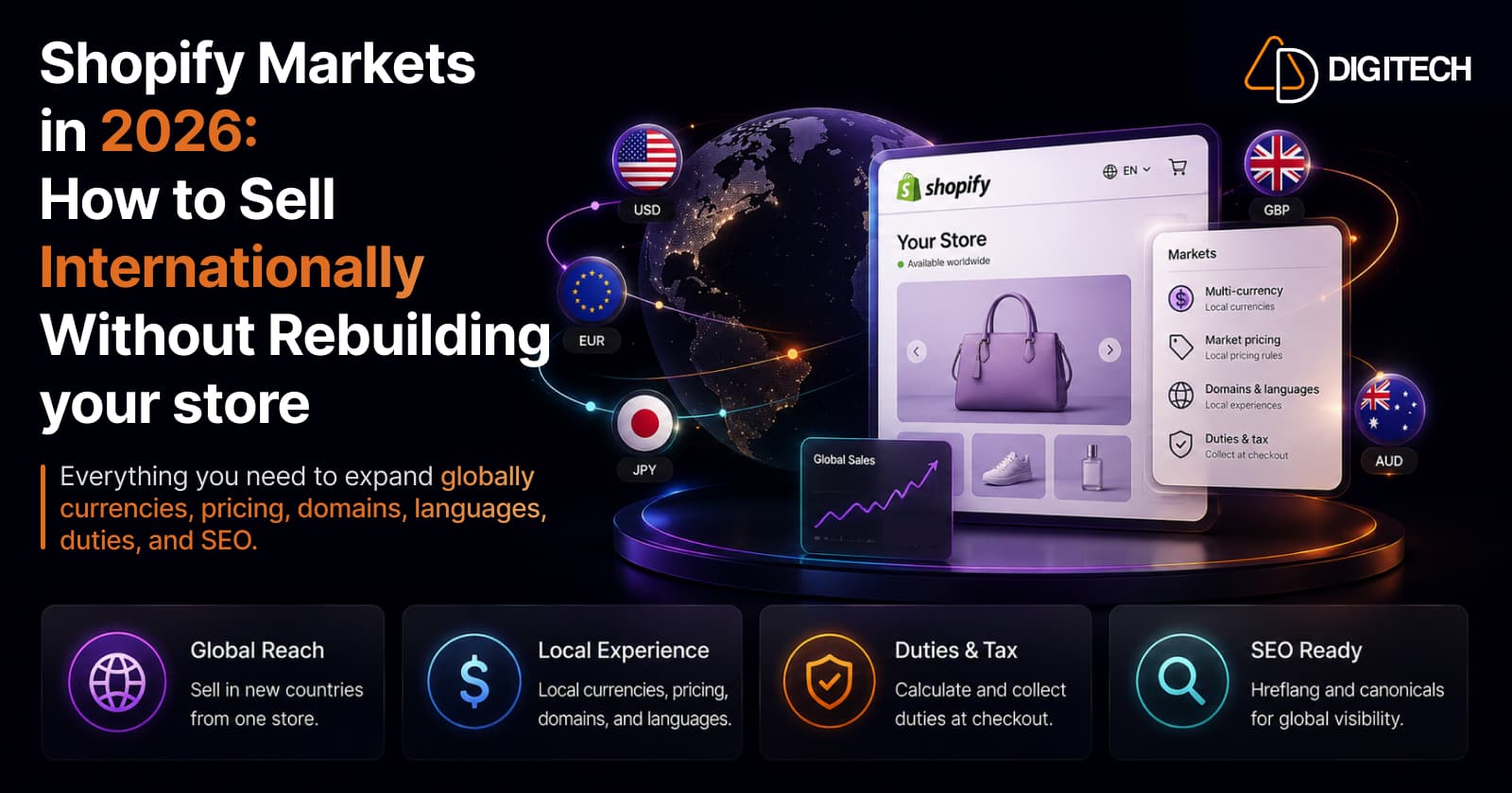 Infographic titled 'Shopify Markets in 2026: How to Sell Internationally Without Rebuilding Your Store' — a Shopify storefront set against a globe orbited by currency badges (USD, EUR, JPY, GBP, AUD), with a Markets panel listing Multi-currency, Market pricing, Domains & languages, and Duties & tax collected at checkout — above four points: Global Reach (sell in new countries from one store), Local Experience (local currencies, pricing, domains, and languages), Duties & Tax (calculate and collect duties at checkout), and SEO Ready (hreflang and canonicals).