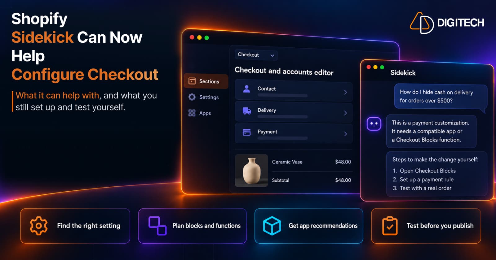 Infographic titled 'Shopify Sidekick Can Now Help Configure Checkout' — a desktop checkout and accounts editor with Sections, Settings and Apps, showing the Contact, Delivery and Payment sections and a ceramic vase at $48.00, beside a Sidekick chat where a merchant asks how to hide cash on delivery for orders over $500 and Sidekick explains it needs a compatible app or a Checkout Blocks function, with steps to make the change yourself; below, four points: find the right setting, plan blocks and functions, get app recommendations, test before you publish