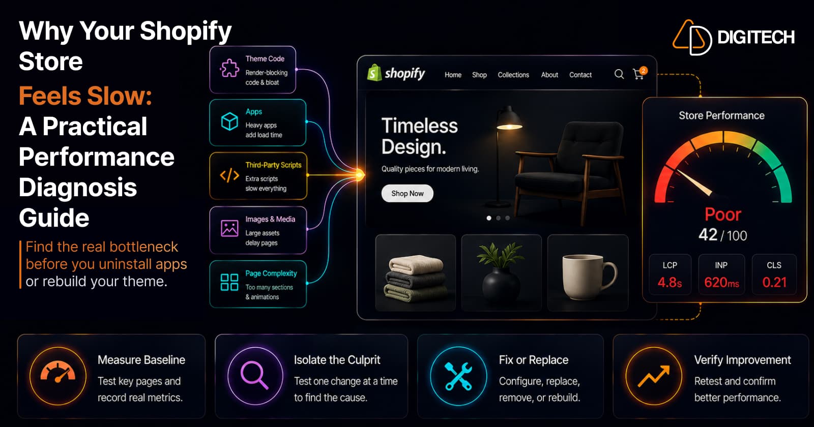 Infographic titled 'Why Your Shopify Store Feels Slow: A Practical Performance Diagnosis Guide' — five diagnosis cards (Theme Code, Apps, Third-Party Scripts, Images & Media, Page Complexity) feeding into a Shopify storefront mockup, alongside a Store Performance gauge reading Poor, 42 out of 100, with LCP 4.8s, INP 620ms, and CLS 0.21, above four steps: Measure Baseline, Isolate the Culprit, Fix or Replace, and Verify Improvement.
