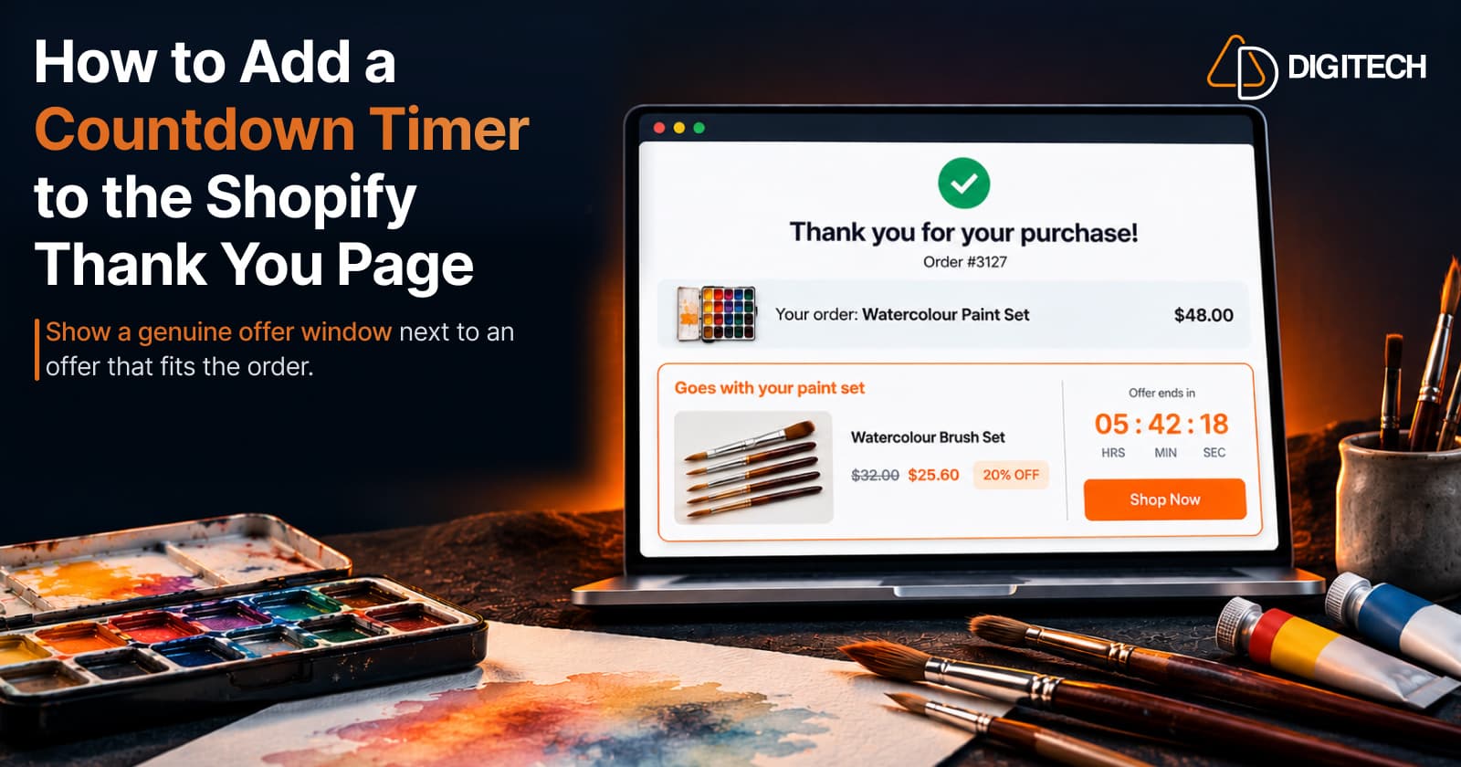 Thank You Page offer with countdown timer and watercolour brushes