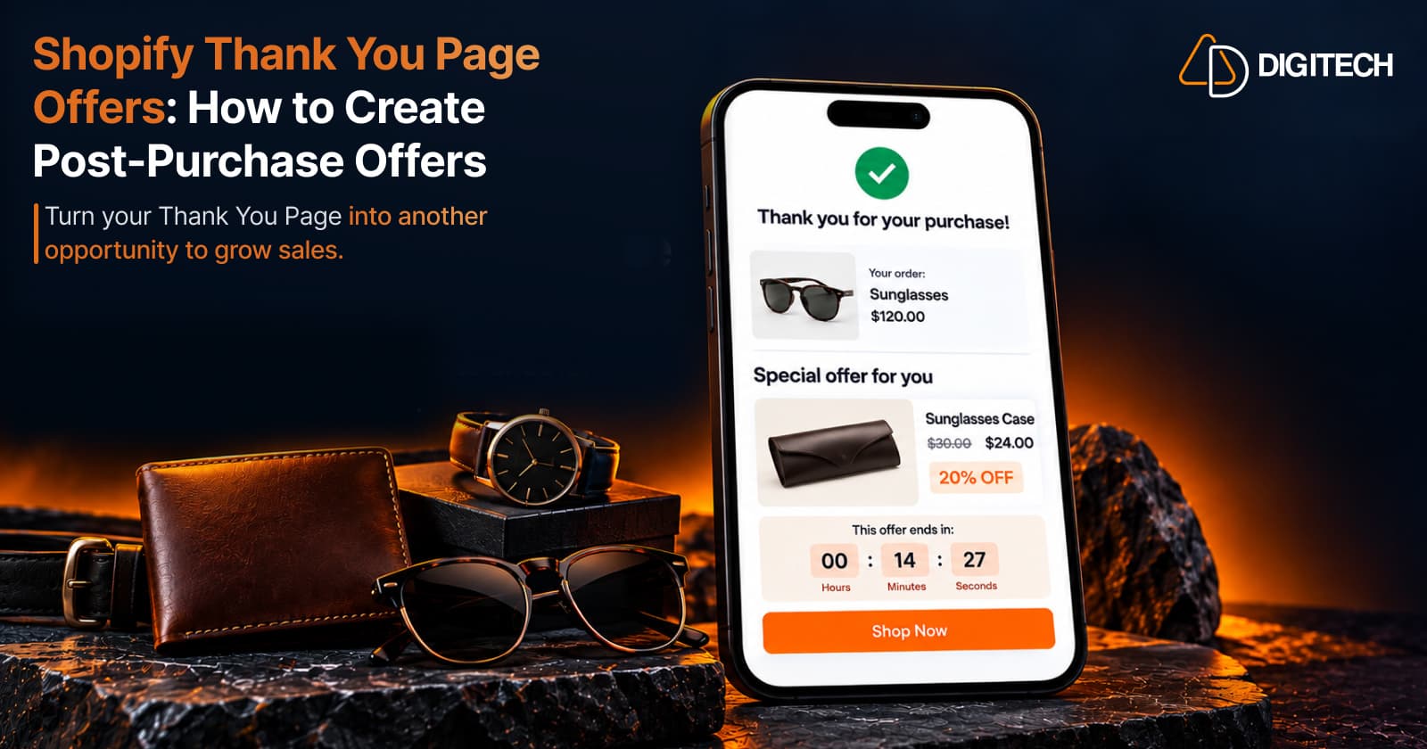 Grovia Shopify Thank You Page offer: a phone showing an order for sunglasses followed by a special offer for a matching sunglasses case, reduced from $30.00 to $24.00 with a countdown timer and a Shop Now button
