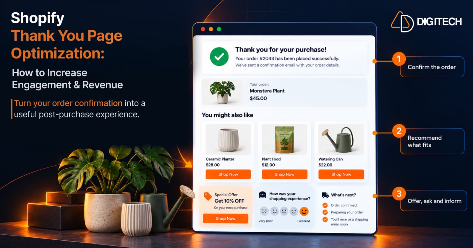 Grovia Shopify Thank You Page optimization: an order confirmation, product recommendations, an offer, a survey and next steps